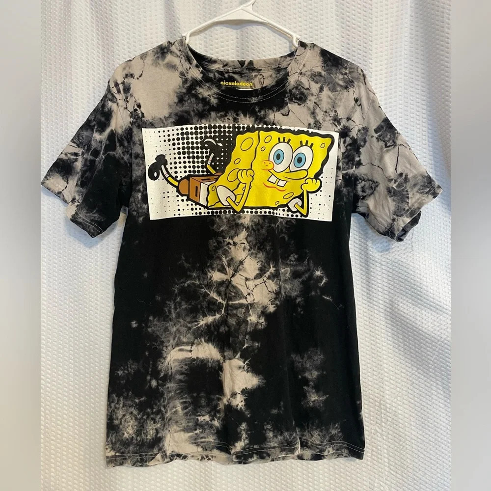 Nickelodeon Graphic Sponge Bob Black & Gray Tie Dye Short Sleeve Tee Medium